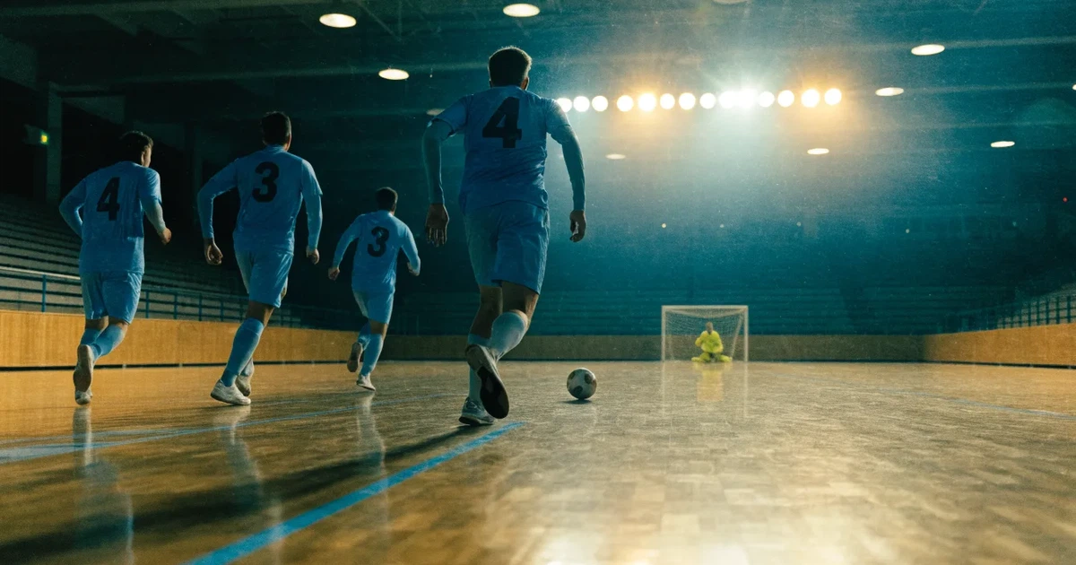 Eine leere Sporthalle mit hellem Hallenboden, kleinen Toren an beiden Enden und blauen Linien, Licht fällt von oben.