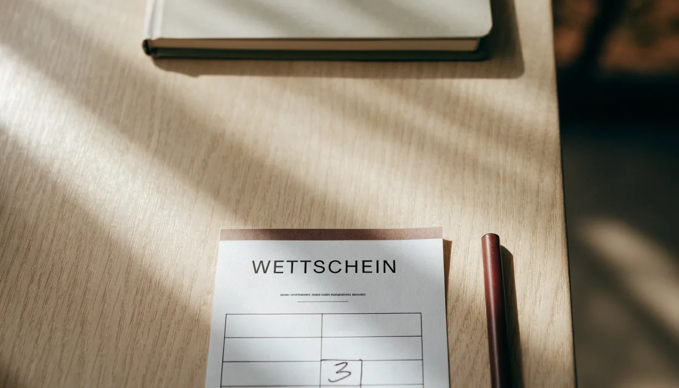 Ein leerer Papierwettschein und ein Kugelschreiber liegen auf einer glatten Schreibtischplatte neben einem Notizbuch.