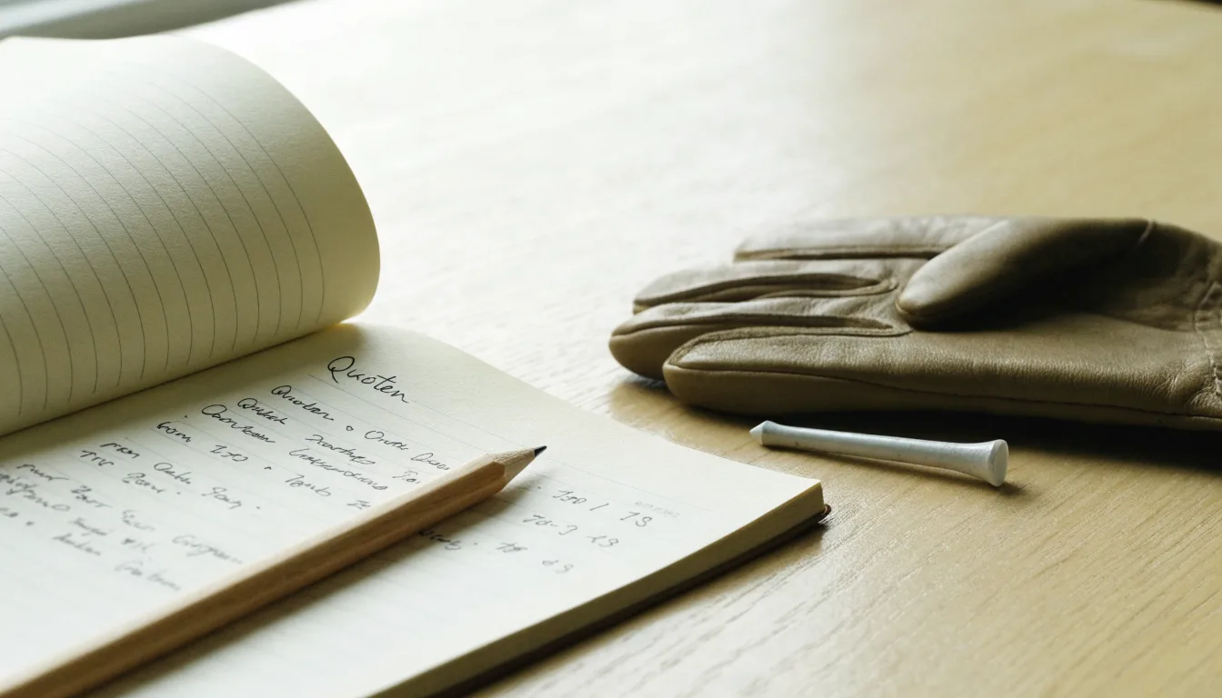 Ein Notizbuch mit handschriftlichen Notizen und ein Bleistift liegen neben einem Golfhandschuh und einem Tee auf einem Holztisch.
