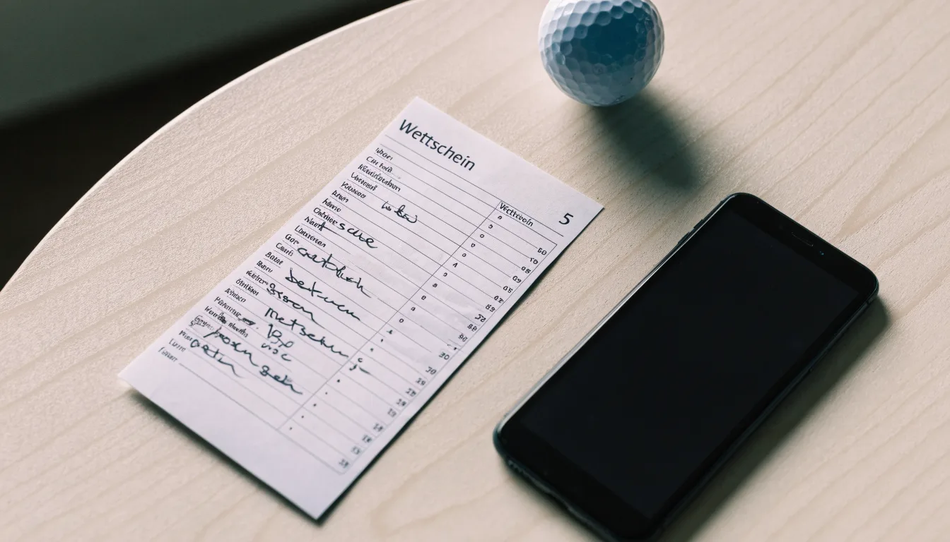 Ein leerer Wettschein aus Papier liegt neben einem Smartphone mit dunklem Display auf einem Tisch, daneben ein einzelner Golfball.