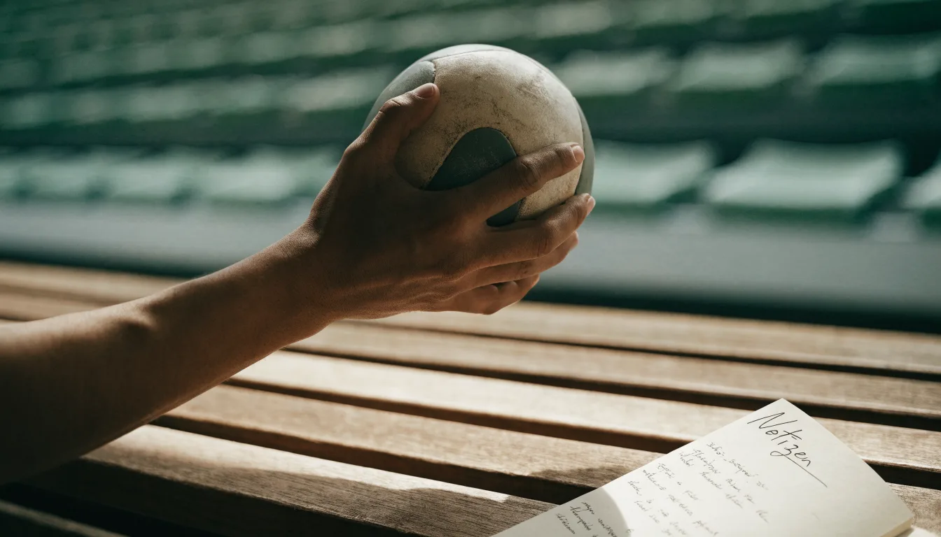 Eine Hand hält einen Handball, im Hintergrund eine unscharfe Tribüne, daneben liegt ein Notizblock auf einer Bank.