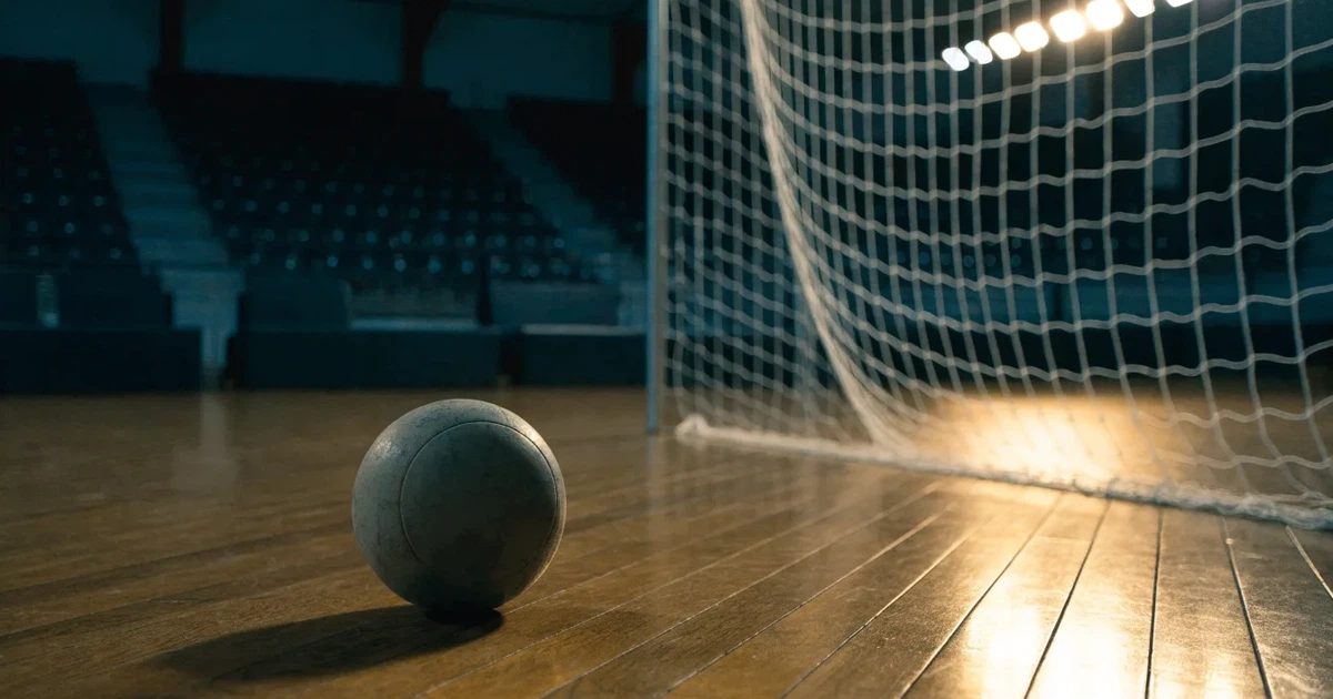 Ein Handball liegt auf dem Hallenboden vor einem Tor mit Netz, die leere Halle wird von Flutlicht beleuchtet.