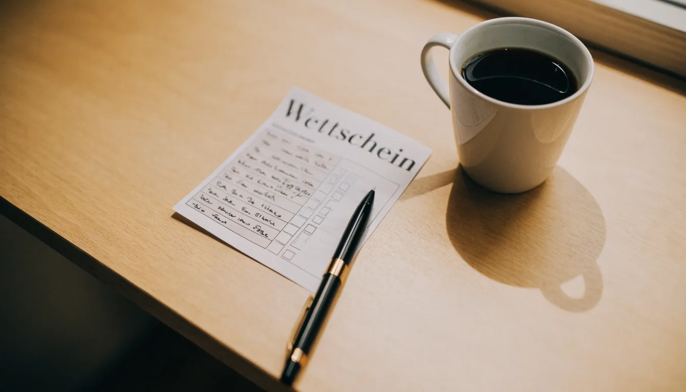 Ein leerer Wettschein aus Papier und ein Kugelschreiber liegen auf einem Schreibtisch neben einer Tasse Kaffee im Tageslicht.