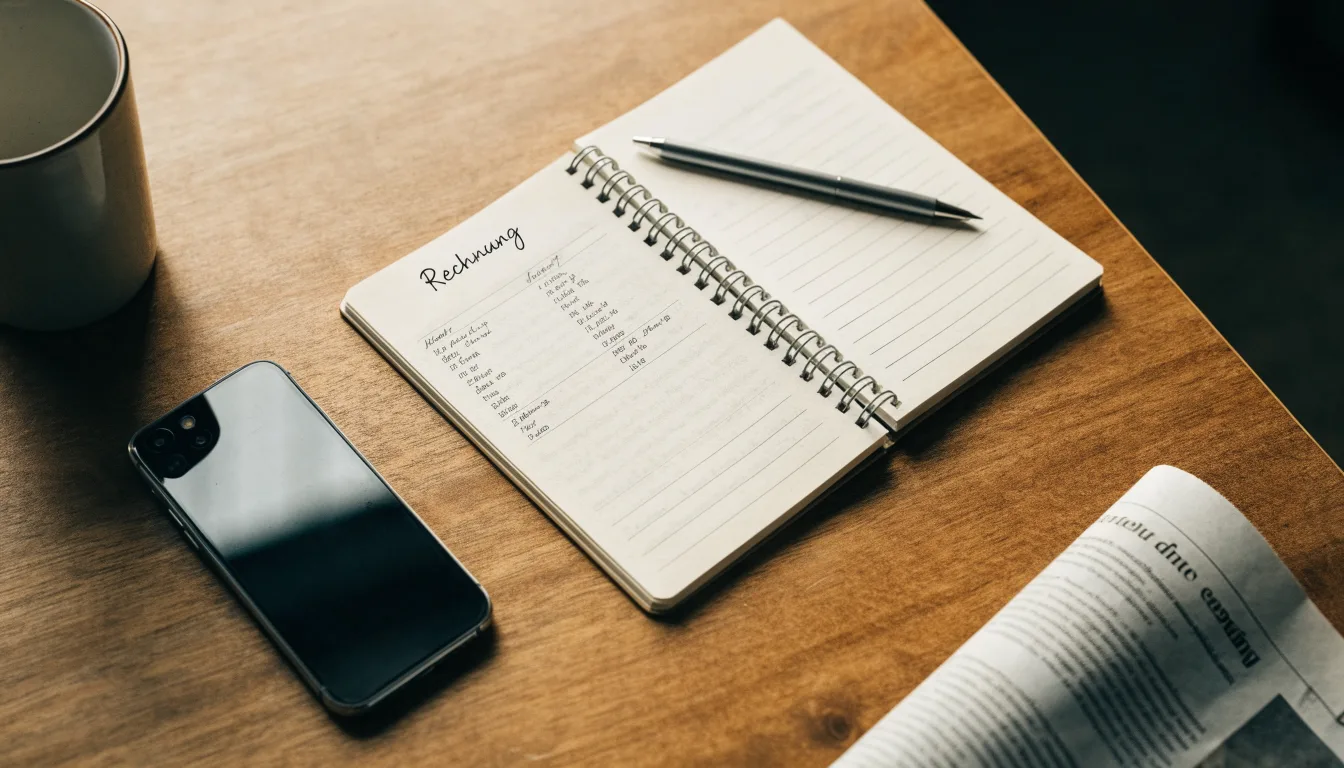 Ein Notizbuch mit handschriftlichen Notizen und ein Stift liegen auf einem Holztisch neben einem Smartphone mit dunklem Bildschirm.