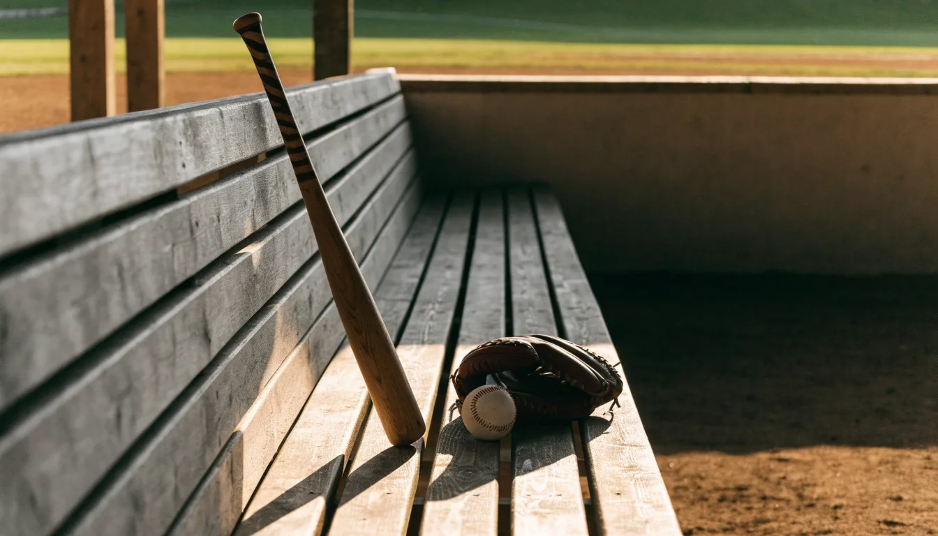 Ein Baseballschläger lehnt an einer Bank im Dugout, daneben liegen ein Handschuh und ein Ball im Licht der Nachmittagssonne.