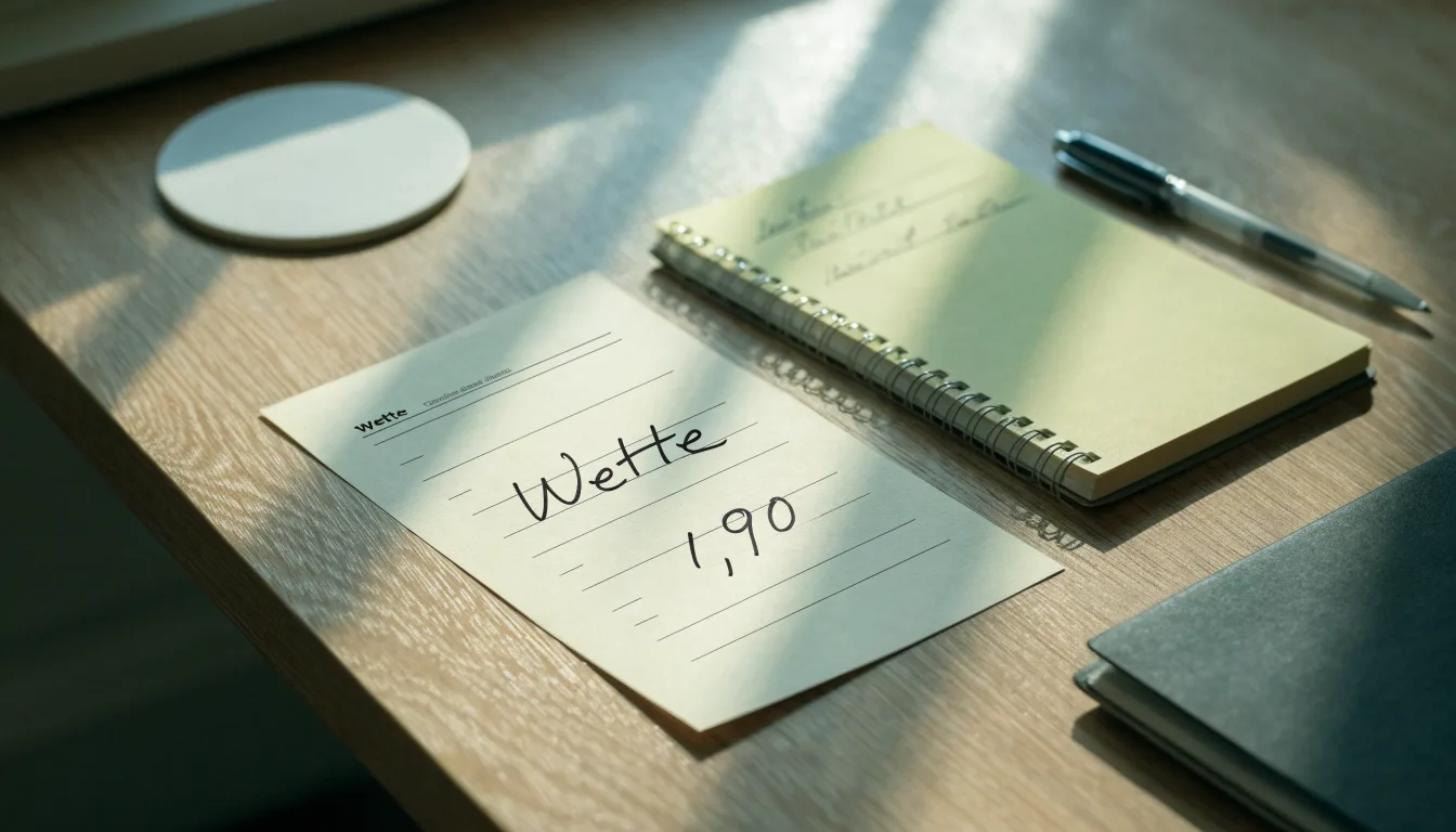 Ein leerer Wettschein aus Papier liegt neben einem Notizbuch und einem Stift auf einem aufgeräumten Schreibtisch.