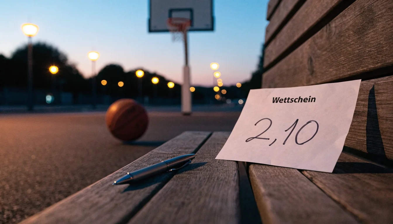 Ein Basketball rollt auf einem Freiluftplatz in der Abenddämmerung zu einem Korb, die Straßenlaternen leuchten bereits.