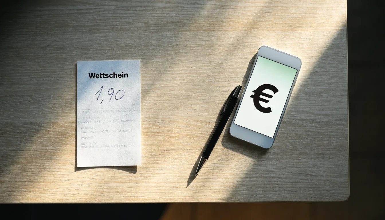 Ein leerer Wettschein aus Papier liegt neben einem Kugelschreiber auf einem Schreibtisch im Tageslicht.