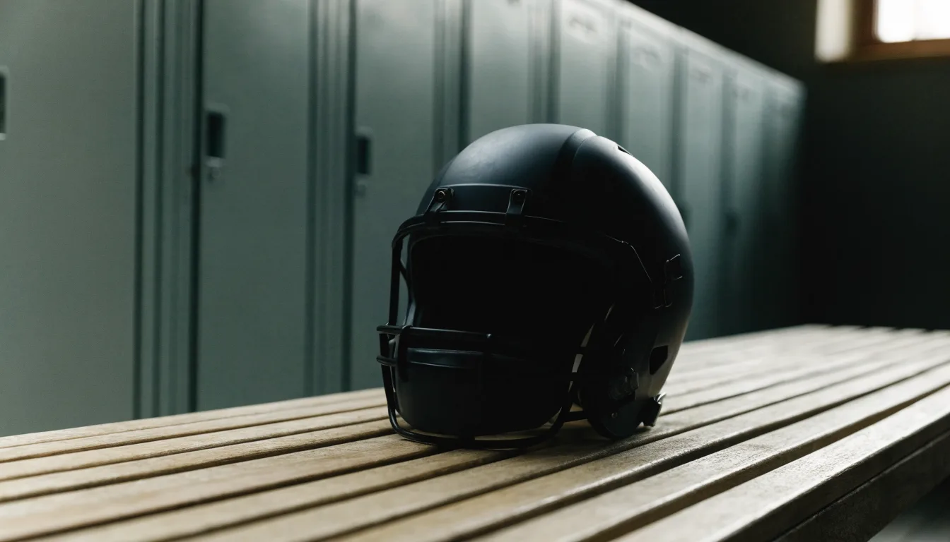 Ein neutraler Footballhelm ohne Aufdruck steht auf einer Holzbank in einer Umkleidekabine.