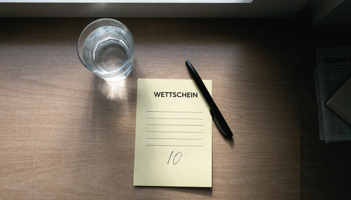 Ein leerer Wettschein aus Papier liegt neben einem Stift auf einem Tisch, daneben ein Glas Wasser.