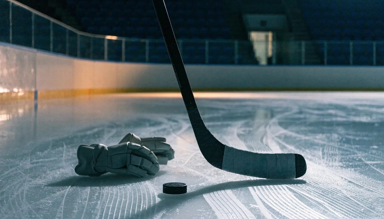 Ein Eishockeyschläger lehnt an einer Bande, daneben liegen ein Puck und ein Paar Handschuhe in einer Eishalle.
