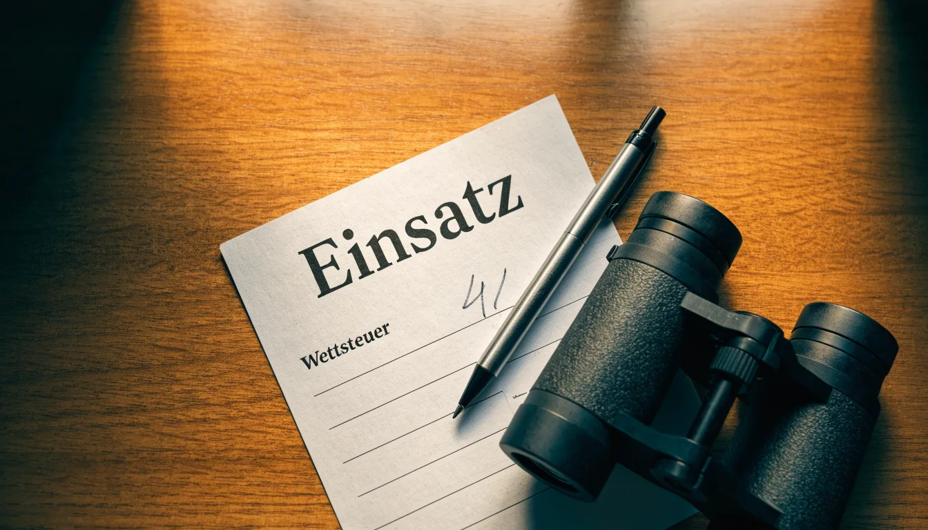 Ein leerer Wettschein aus Papier und ein Kugelschreiber liegen auf einem Holztisch neben einem Fernglas.