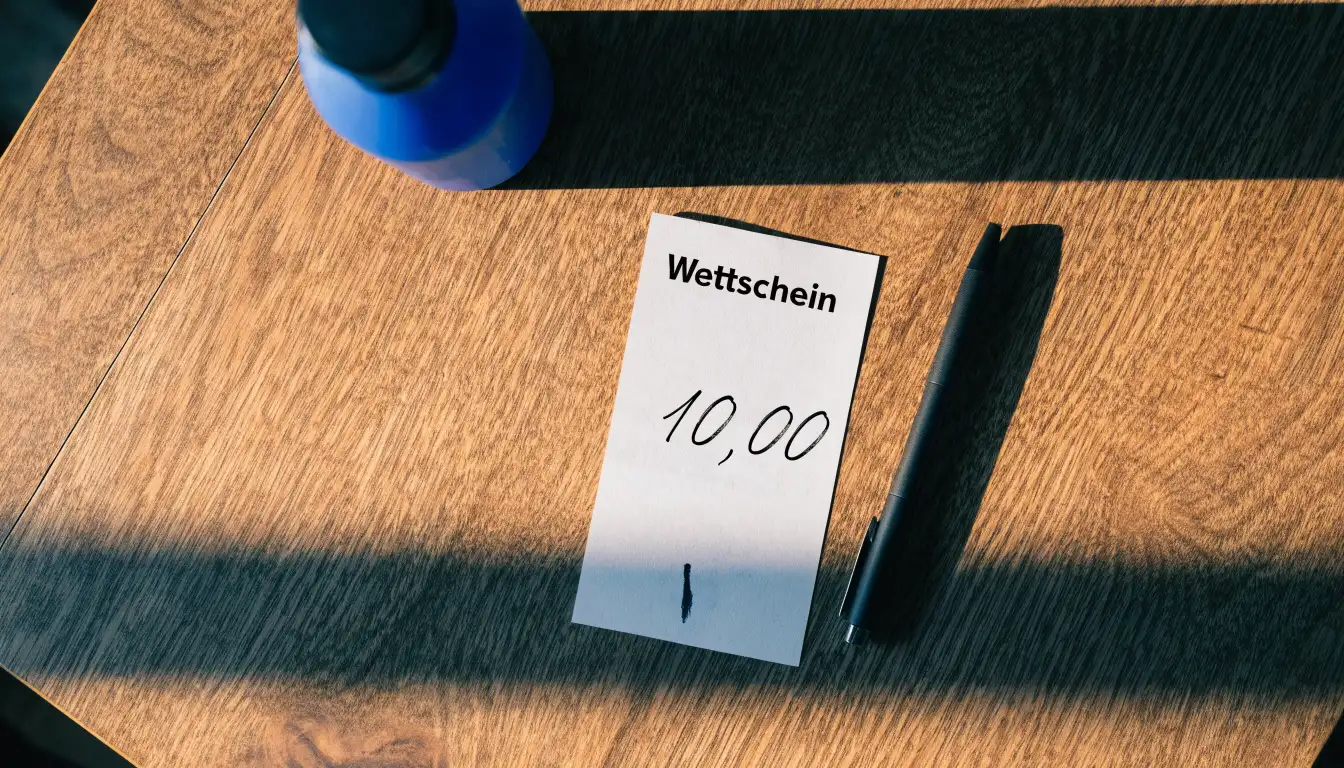 Ein leerer Wettschein aus Papier liegt neben einer Trinkflasche und einem Stift auf einem Tisch.