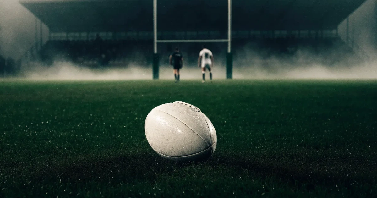 Ein ovaler Rugbyball liegt vor den hohen Torstangen auf nassem Rasen, über dem Stadion zieht Nebel auf.