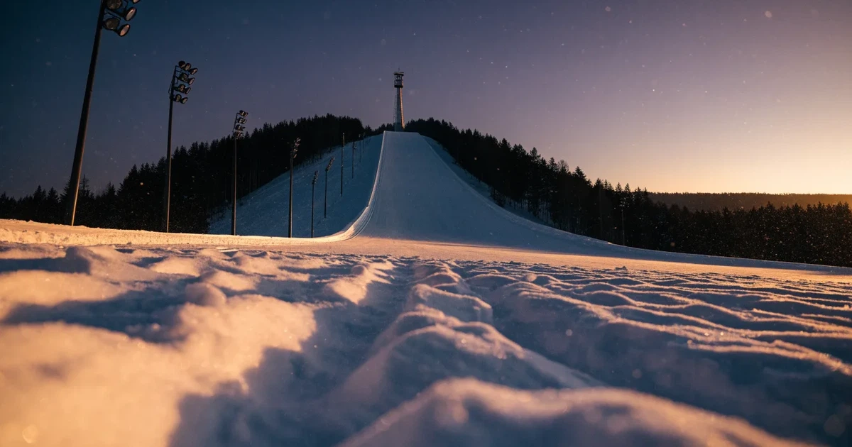 Eine Skisprungschanze im Schnee, von unten gesehen, vor einem klaren Winterhimmel in der Dämmerung, ohne Menschen.