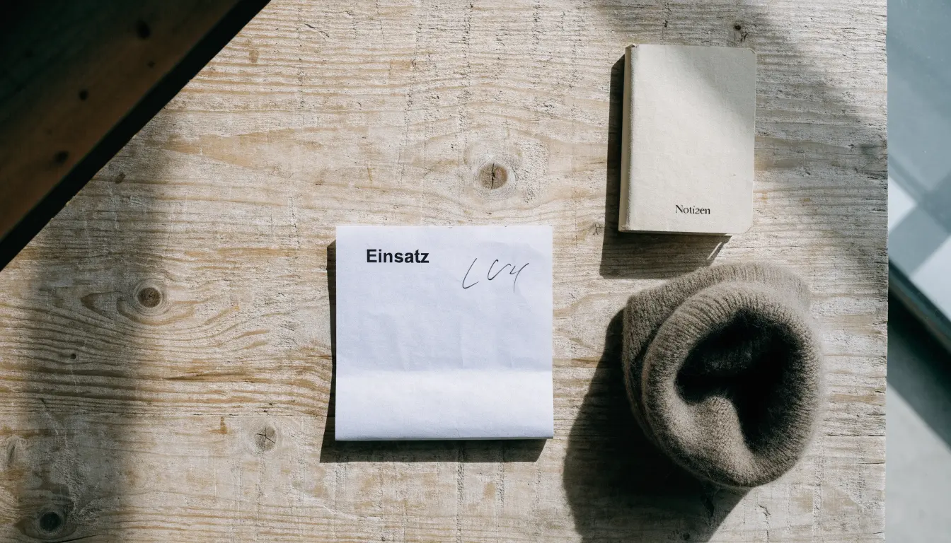 Ein leerer Wettschein aus Papier und ein Notizbuch liegen neben einer Wollmütze auf einem Holztisch.