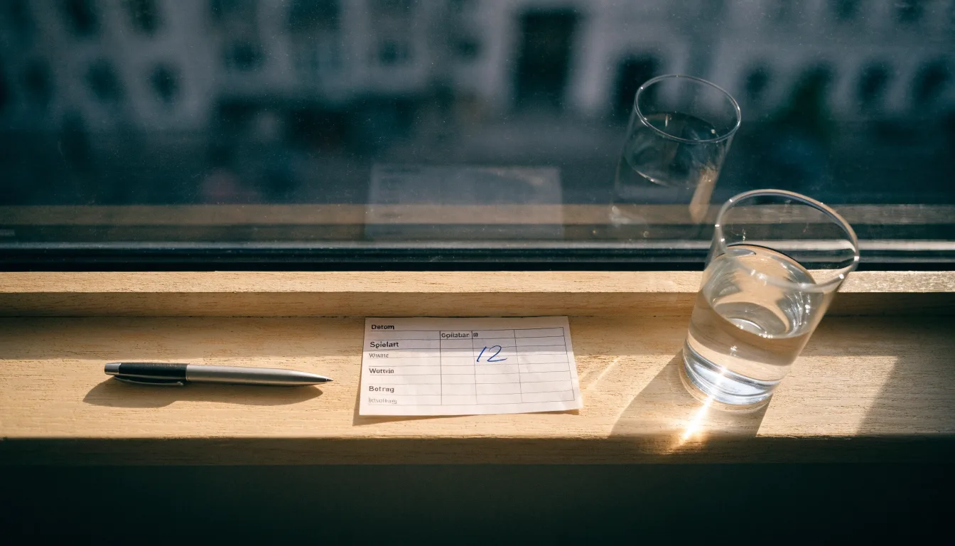Ein leerer Wettschein aus Papier und ein Kugelschreiber liegen neben einem Glas Wasser auf einer Fensterbank.