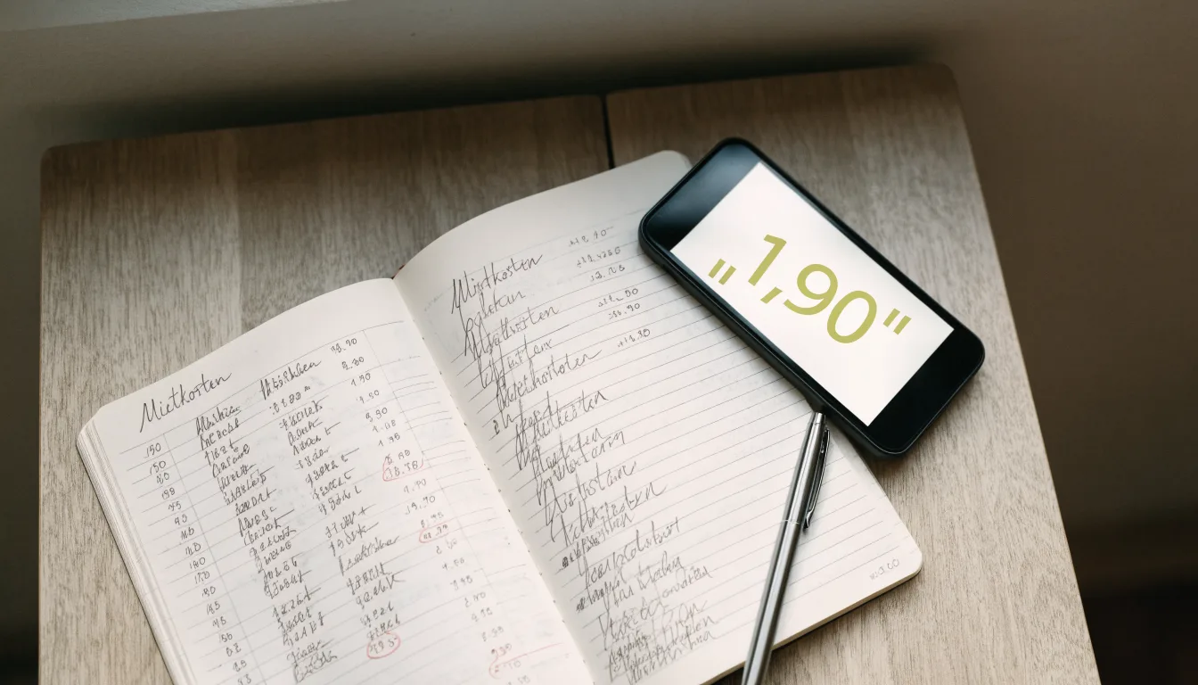 Ein aufgeschlagenes Notizbuch mit handschriftlichen Rechnungen liegt neben Stift und Smartphone auf einem Holztisch im Tageslicht.