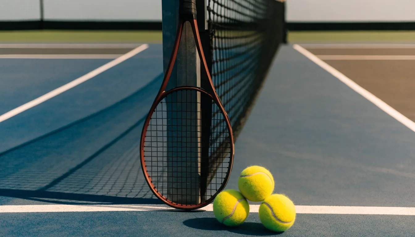 Ein Tennisschläger lehnt an einem Netzpfosten, daneben liegen drei Bälle auf einem Hartplatz in warmem Nachmittagslicht.