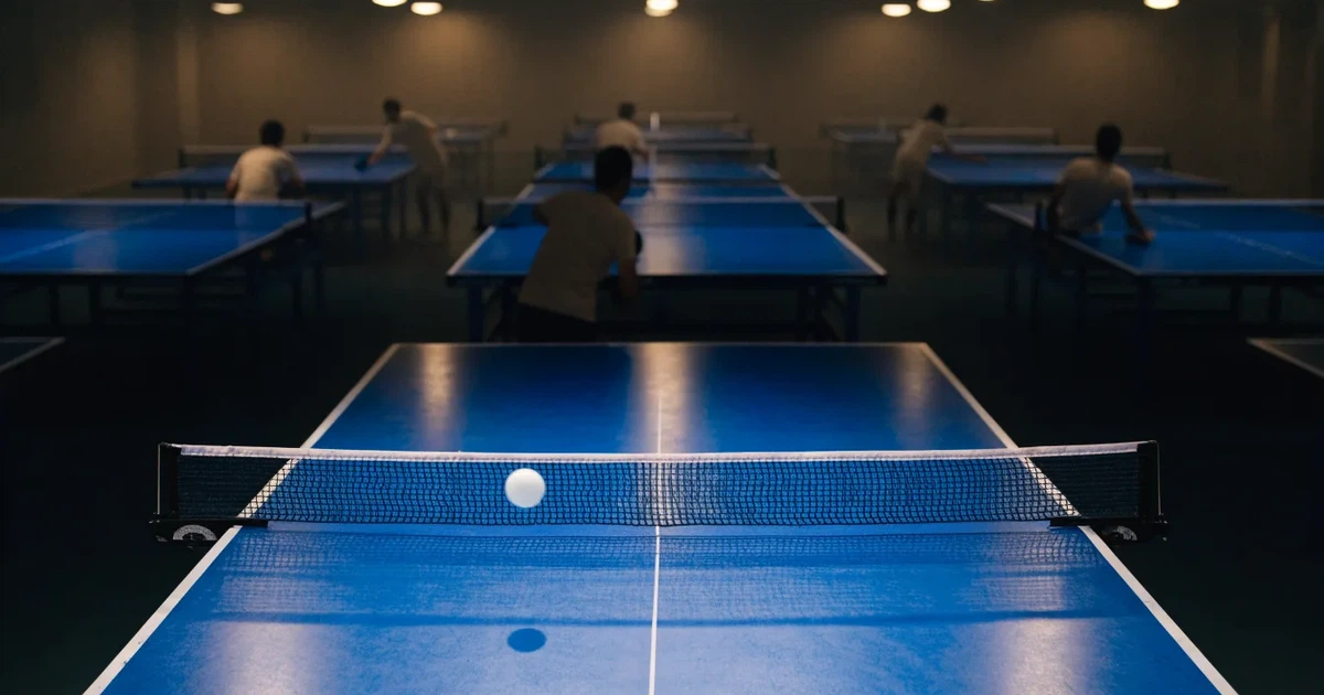 Eine Tischtennishalle aus erhöhter Perspektive mit mehreren blauen Tischen in Reihen unter gedämpftem Hallenlicht, ohne Personen.