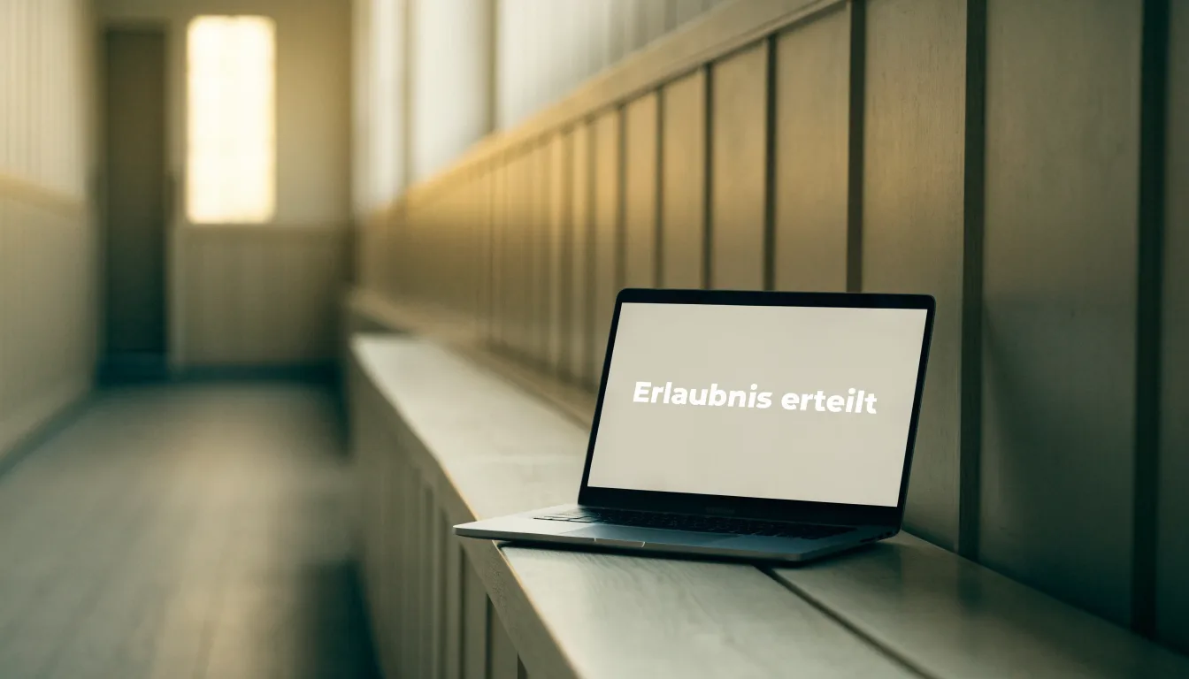 Ein heller Flur in einem Verwaltungsgebäude mit einer leeren Holzbank und einem Fenster, durch das Morgenlicht fällt.