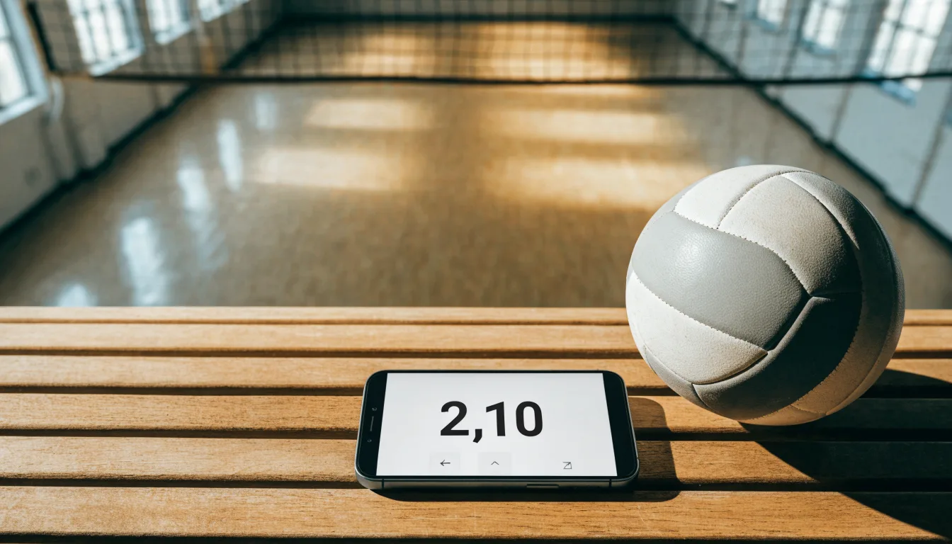 Eine leere Sporthalle mit gespanntem Volleyballnetz und glänzendem Parkett, durch hohe Fenster fällt Tageslicht.