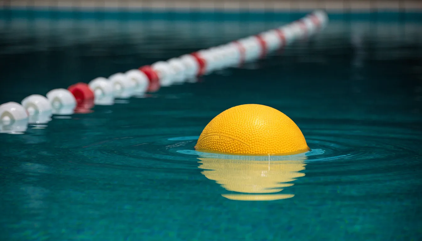 Ein gelber Wasserball treibt in Nahaufnahme auf der Wasseroberfläche neben einer Leine mit Bojen.