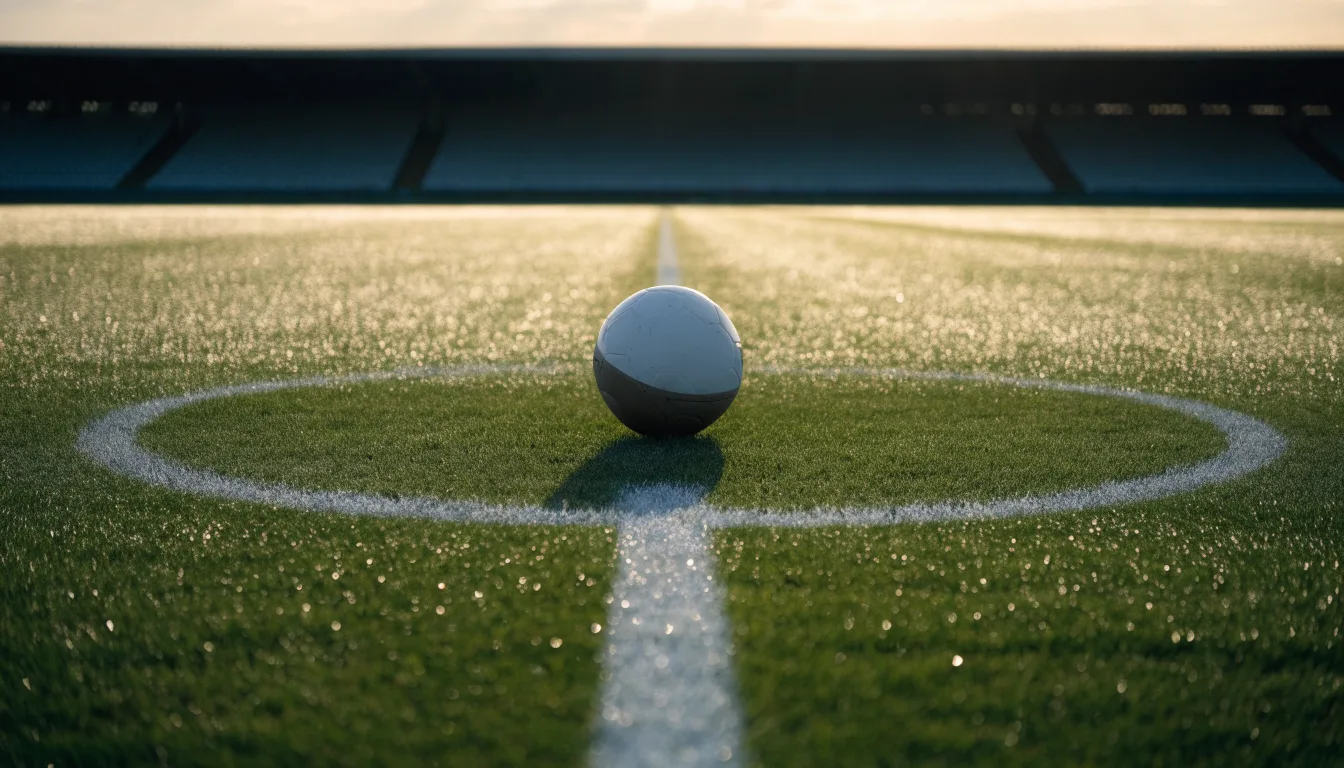 Ein Fußball liegt auf dem Anstoßpunkt eines Rasenplatzes im ersten Morgenlicht, Tau glänzt auf dem Gras.