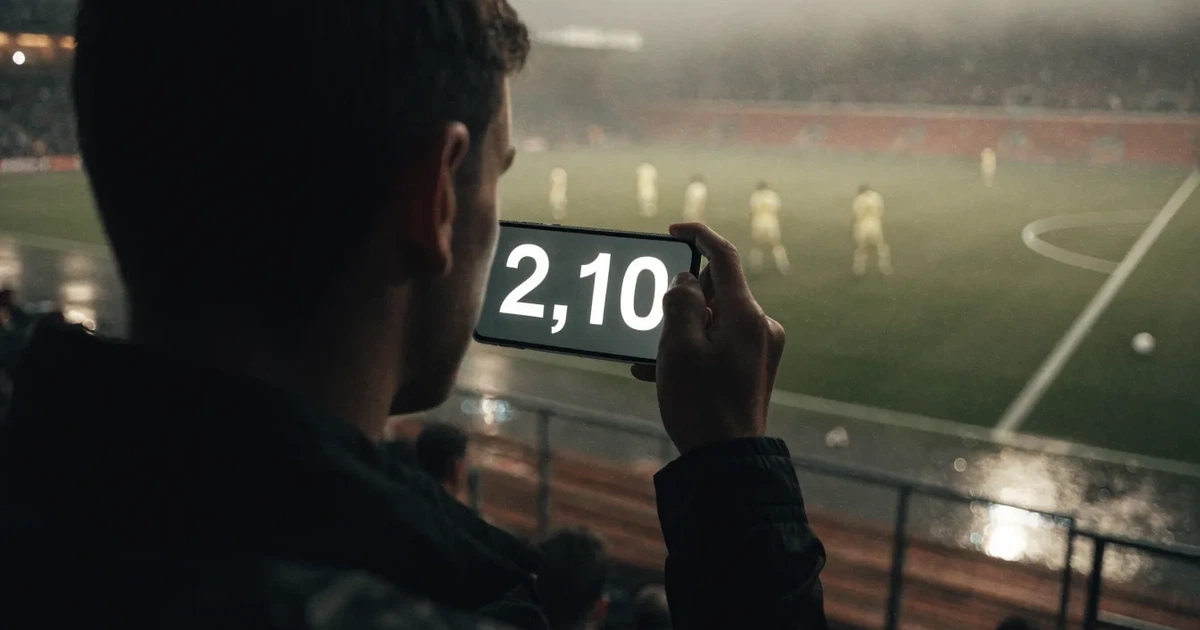 Ein englisches Fußballstadion mit rotbraunen Backsteintribünen unter bedecktem Himmel, davor ein nasser Rasen mit Spielfeldlinien.