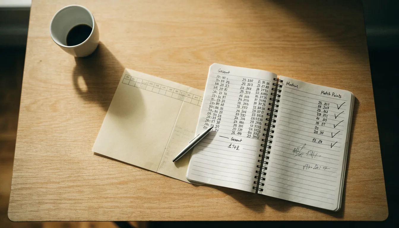 Ein Taschenrechner und ein Bleistift liegen auf einem handbeschriebenen Notizblock neben einer Tasse Kaffee.