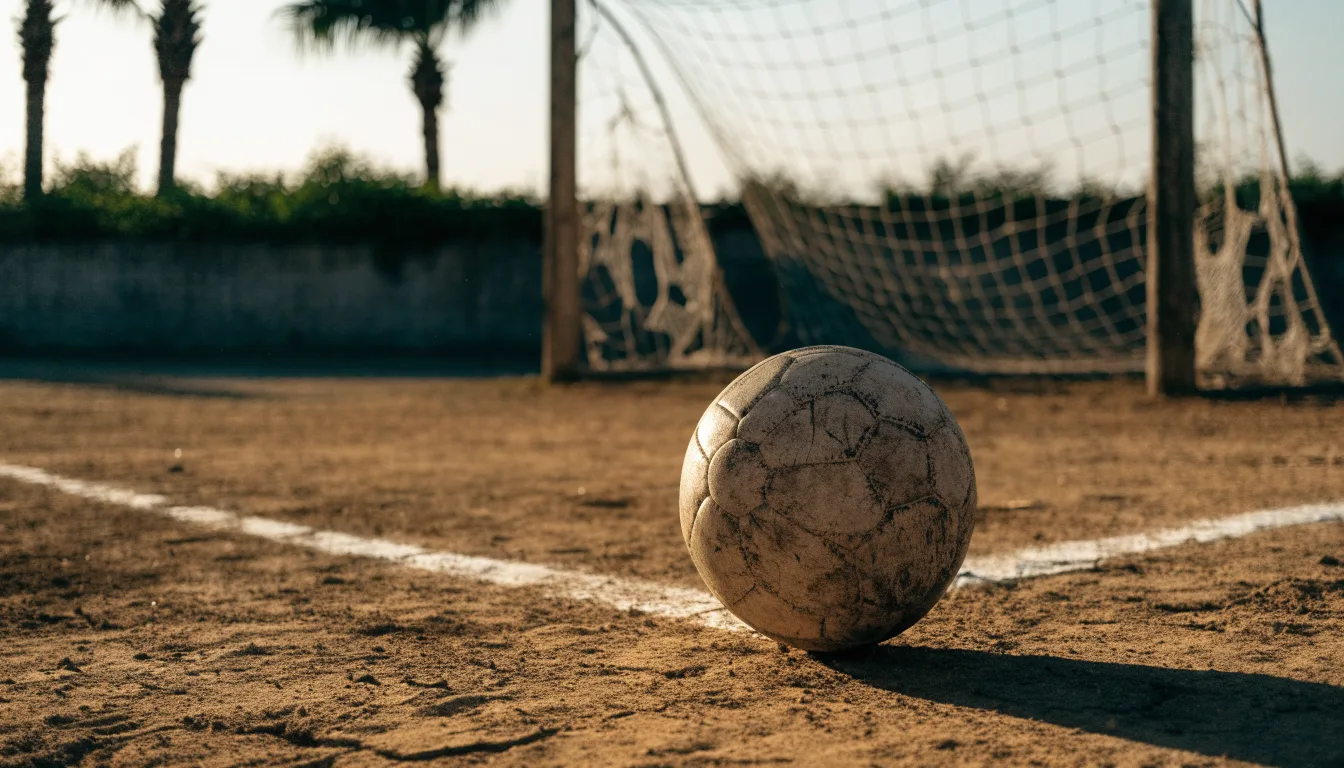 Ein Fußball liegt auf einem staubigen Bolzplatz mit Palmen im Hintergrund in warmem Abendlicht.