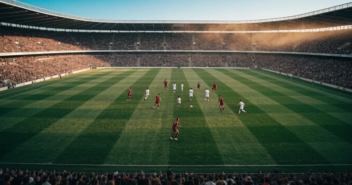 Ein Fußballstadion mit hellen Rängen unter strahlend blauem Himmel, davor ein sonnenbeschienener Rasen mit frisch gemähten Streifen.