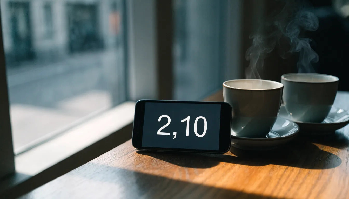 Zwei Kaffeetassen und ein dunkles Smartphone stehen auf einem Café-Tisch am Fenster im Morgenlicht.