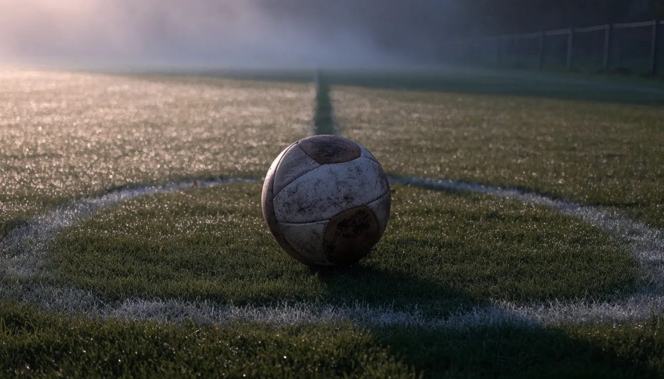 Ein abgewetzter Fußball liegt auf dem Anstoßkreis eines Naturrasens im Morgennebel.