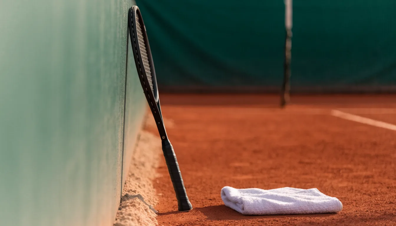 Ein Tennisschläger lehnt an einer dunkelgrünen Bande ohne Aufschrift auf einem Sandplatz, daneben liegt ein Handtuch.