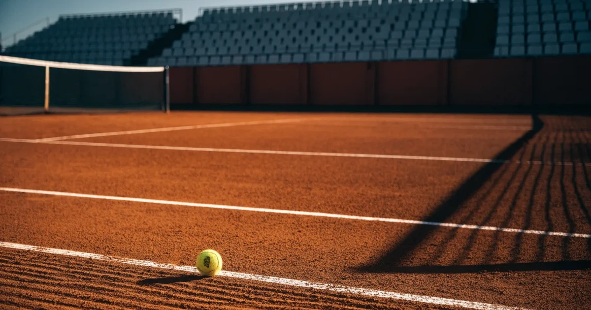 Ein Sandplatz mit rötlichem Belag und gezogenen weißen Linien, ein einzelner Tennisball liegt neben der Linie, im Hintergrund eine leere Tribüne.