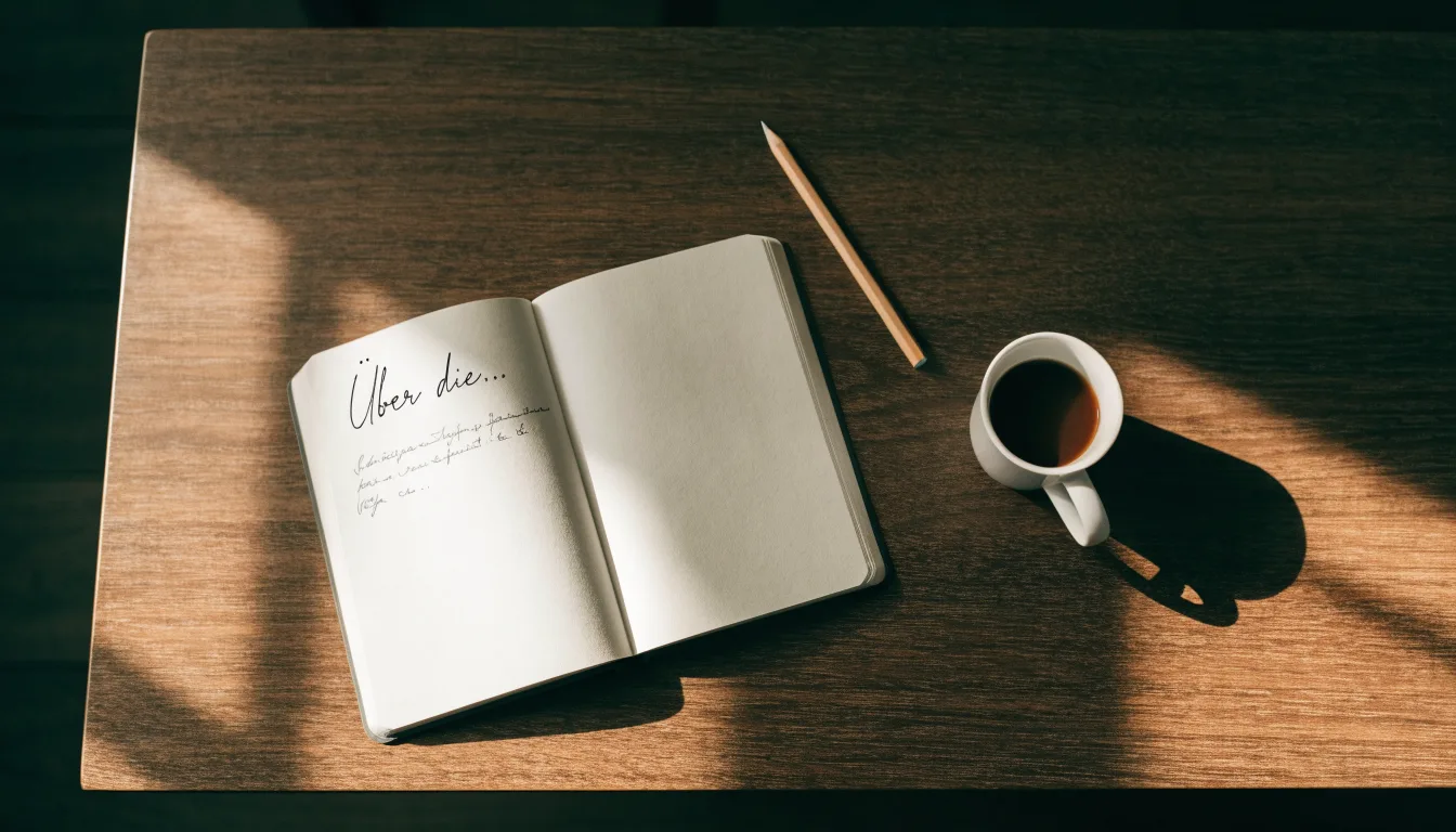 Ein aufgeschlagenes Notizbuch mit handschriftlichen Skizzen liegt neben einem Bleistift auf einem Holztisch, daneben eine Tasse Kaffee.