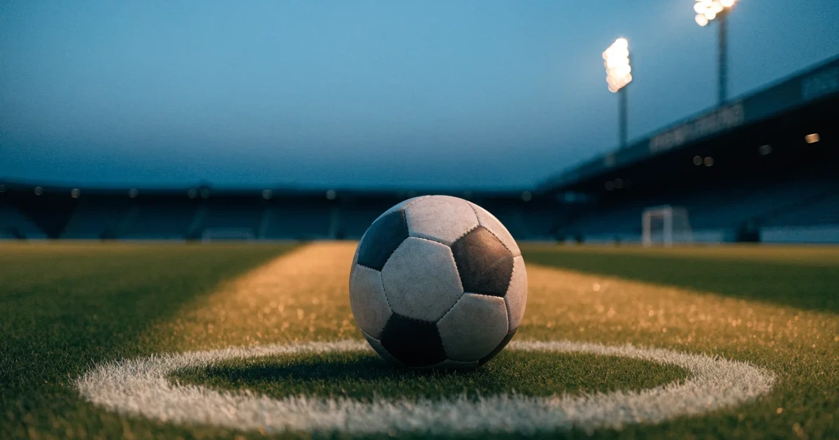 Ein Fußball liegt auf dem Anstoßpunkt eines leeren Rasenplatzes, im Hintergrund eine Tribüne und Flutlichtmasten in der Abenddämmerung.