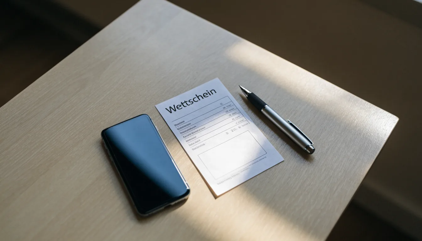 Ein leerer Papier-Wettschein liegt neben einem Smartphone mit dunklem Display auf einer hellen Tischplatte, daneben ein Kugelschreiber.