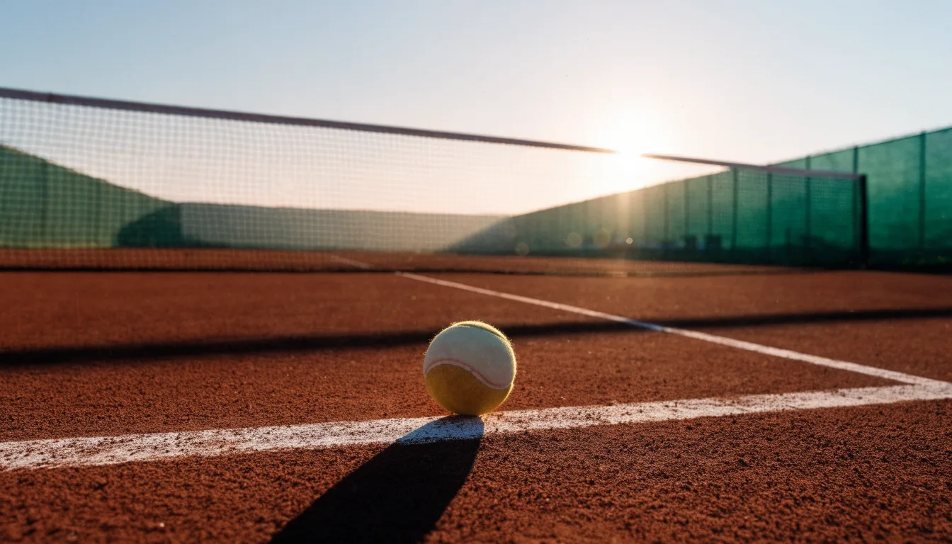 Ein Tennisplatz bei Sonnenaufgang, Netz und Grundlinien im weichen Licht, niemand ist zu sehen.