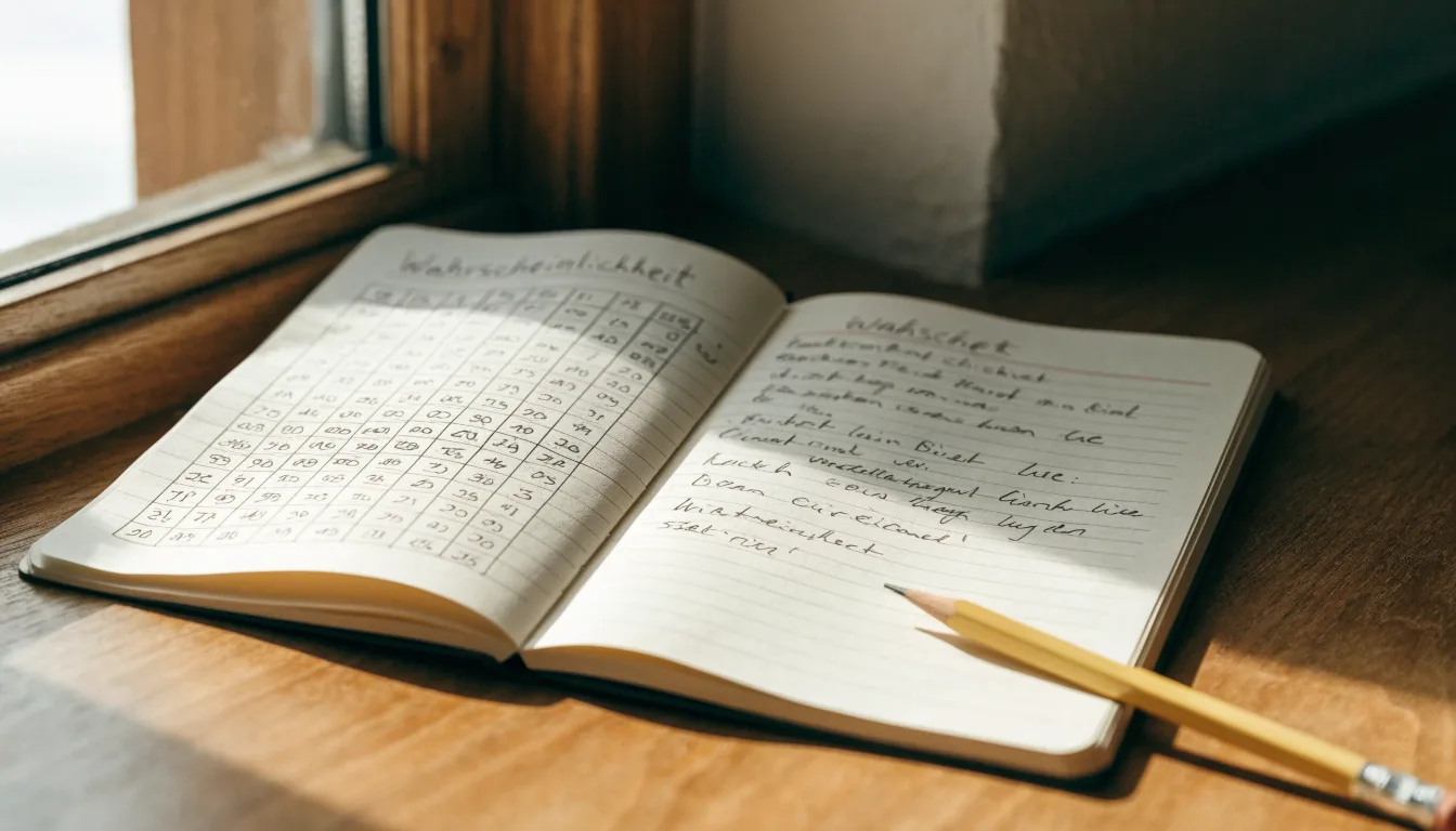 Ein aufgeschlagenes Notizbuch mit handschriftlichen Skizzen und ein Bleistift liegen auf einer Fensterbank im Tageslicht.