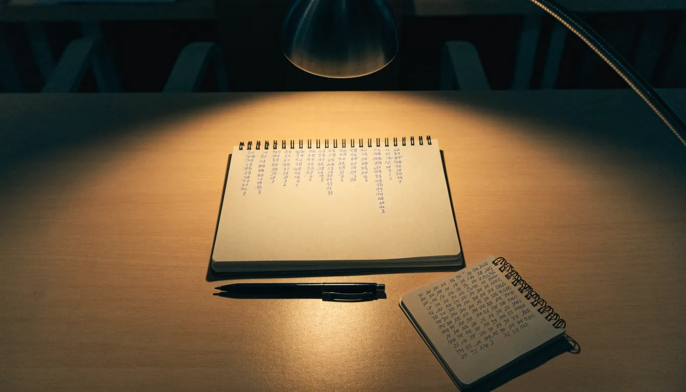 Ein Taschenrechner und ein Notizbuch mit handschriftlichen Zahlenreihen liegen auf einem Schreibtisch unter einer Lampe.