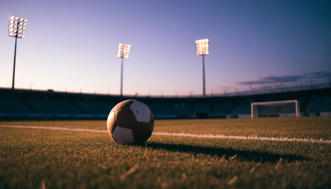 Ein Fußball liegt im Gras eines leeren Platzes, im Hintergrund stehen Flutlichtmasten in der Dämmerung.