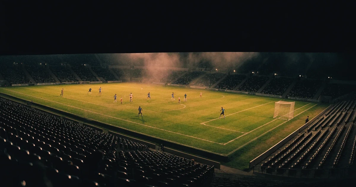 Ein leeres Stadion unter Flutlicht aus großer Entfernung gesehen, Dunst liegt über dem Rasen, die Tribünen sind nur als Lichtpunkte erkennbar.