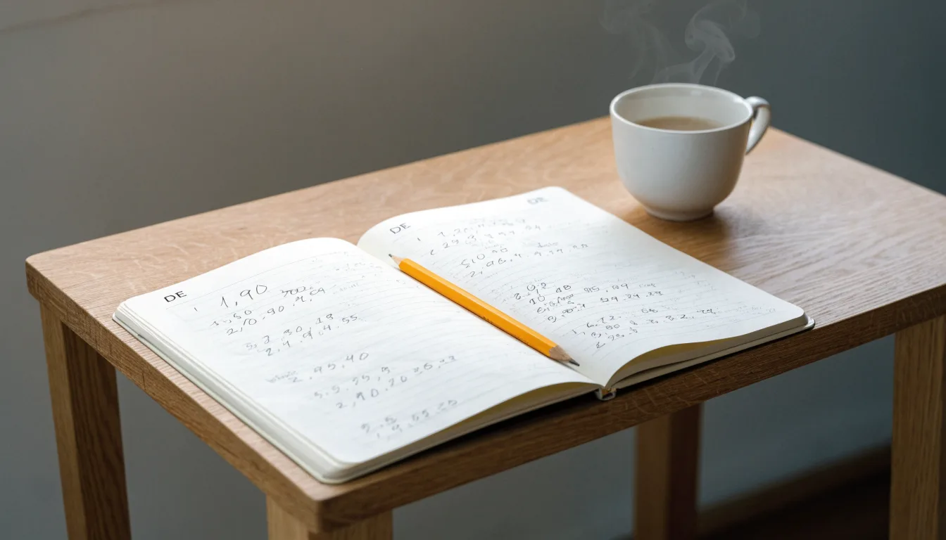Ein aufgeschlagenes Notizbuch mit handschriftlichen Skizzen und ein Bleistift liegen auf einem Schreibtisch neben einer Tasse Tee.