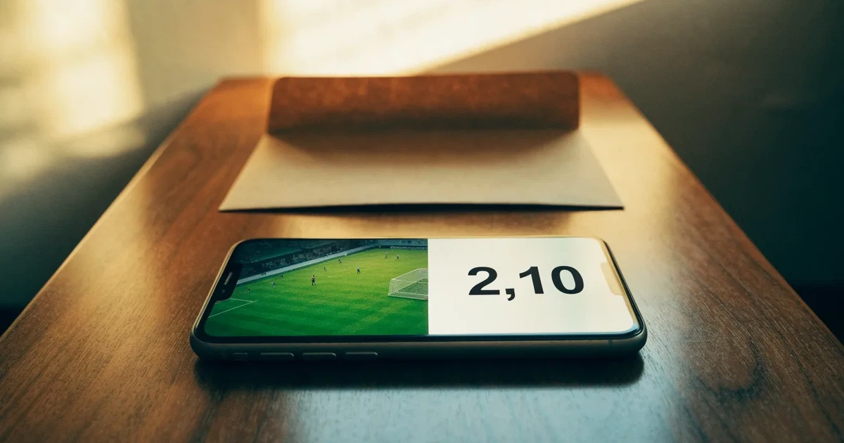 Ein leerer Umschlag und eine Münze liegen auf einer Tischplatte neben einem Smartphone mit dunklem Display.