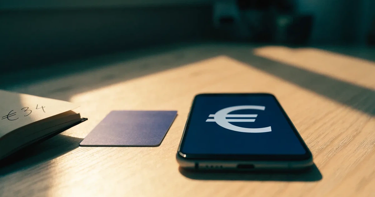 Eine Plastikkarte ohne Aufdruck liegt neben Münzen und einem Smartphone mit dunklem Display auf einem hellen Tisch.