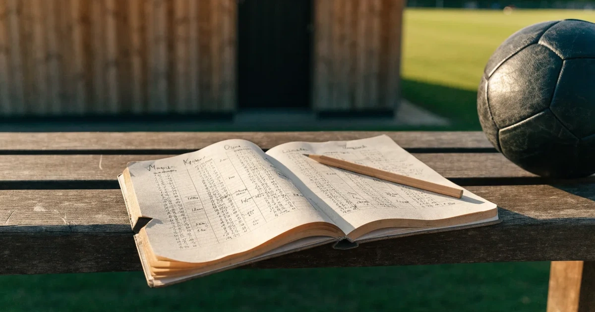 Ein Notizbuch mit handschriftlichen Zahlenkolonnen und ein Bleistift liegen neben einem Fußball auf einer Holzbank.
