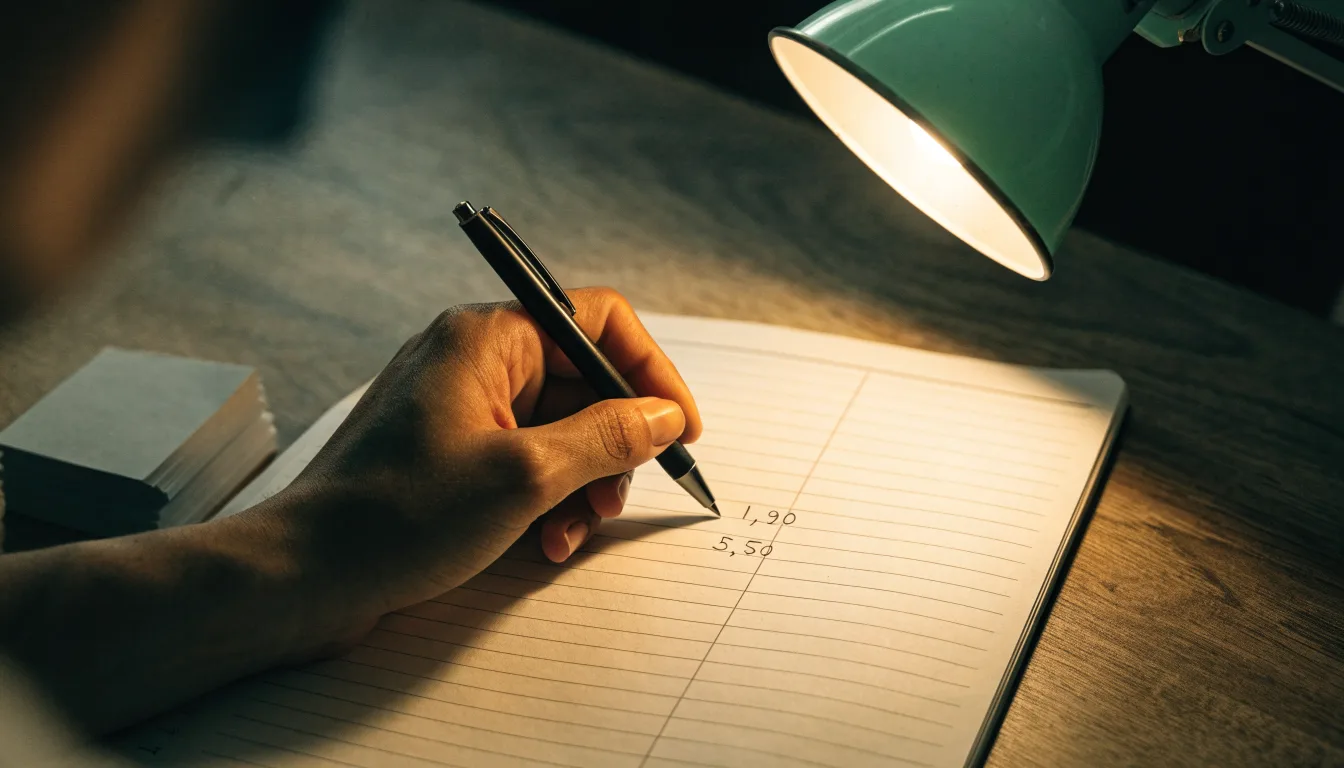 Ein Taschenrechner und ein aufgeschlagenes Notizbuch mit handschriftlichen Zahlenreihen liegen unter einer Schreibtischlampe.