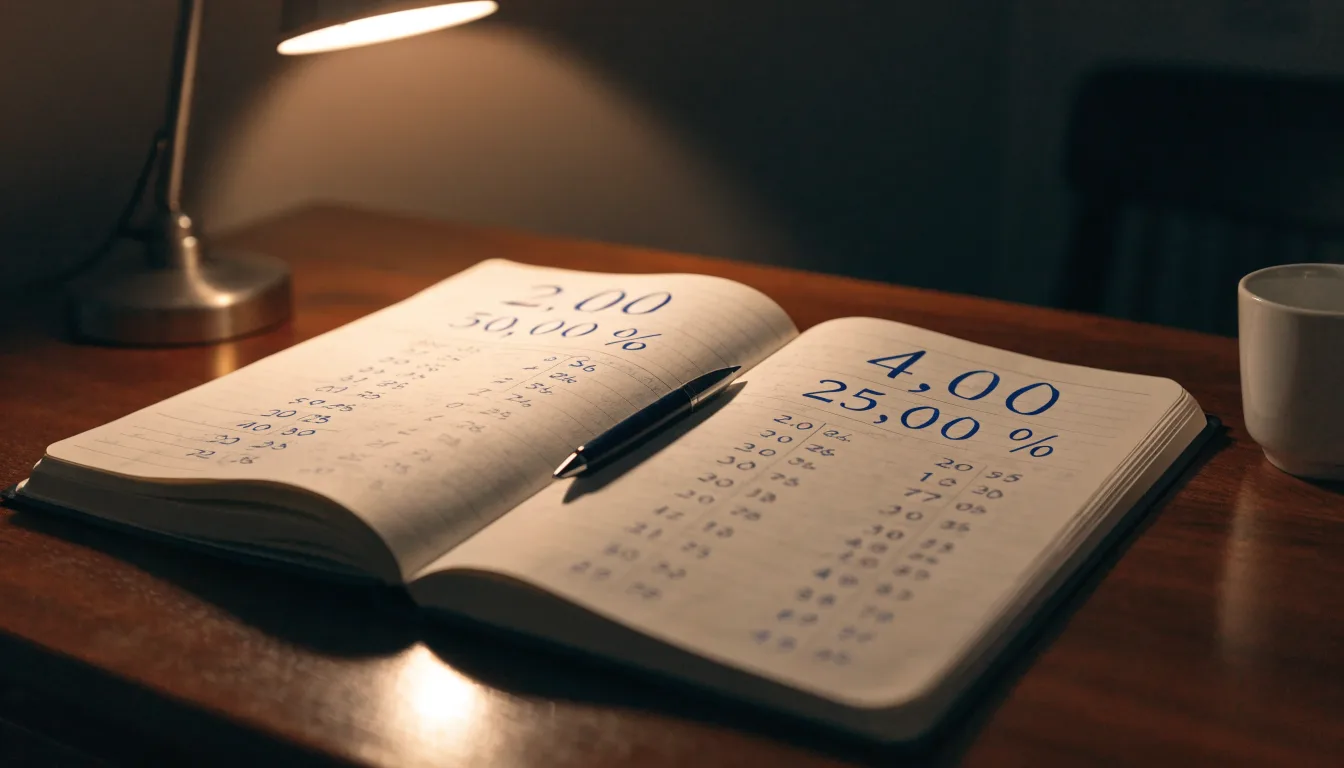 Ein Taschenrechner und ein aufgeschlagenes Notizbuch mit handschriftlichen Zahlenreihen liegen unter einer Schreibtischlampe.
